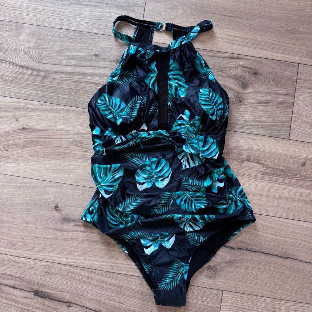 Tempt Me Tropical Leaf One Piece Mesh Swimsuit XL